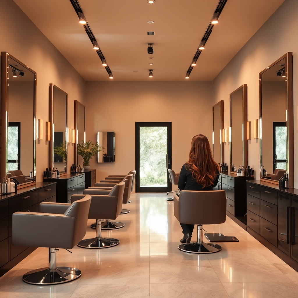 Interior view of a warm, modern salon suite